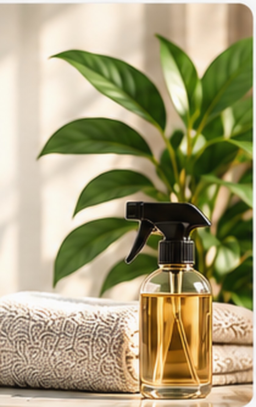 Folded cleaning cloths and a spray bottle beside green leaves