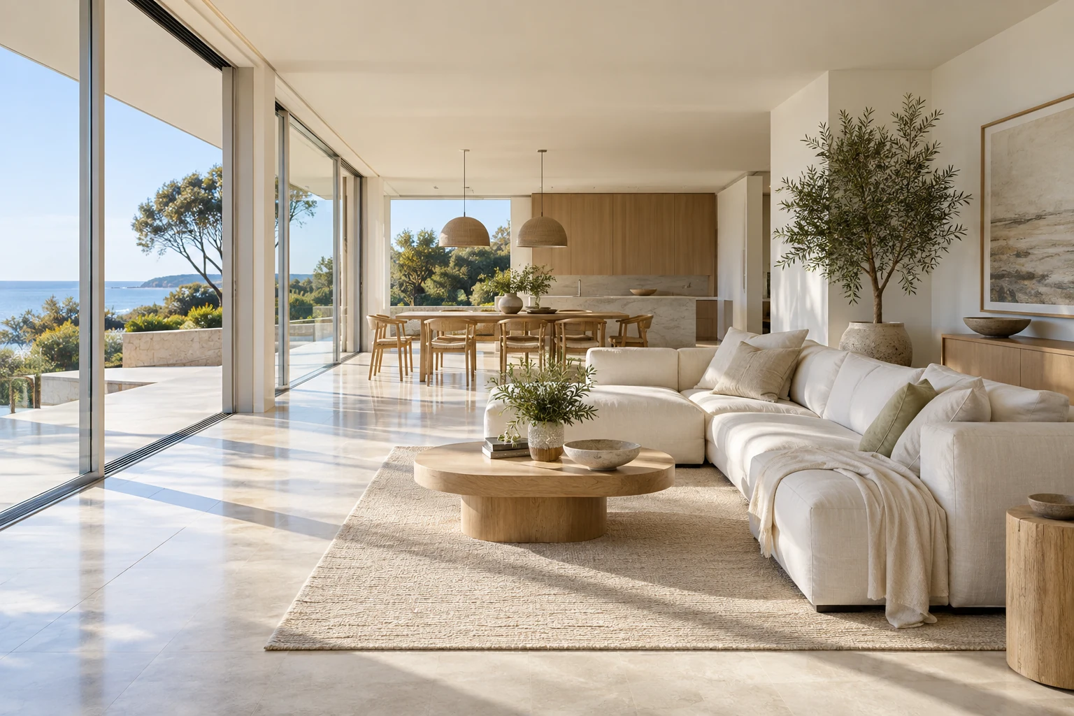 A sunlit living room with a white sofa, natural timber and leafy greenery