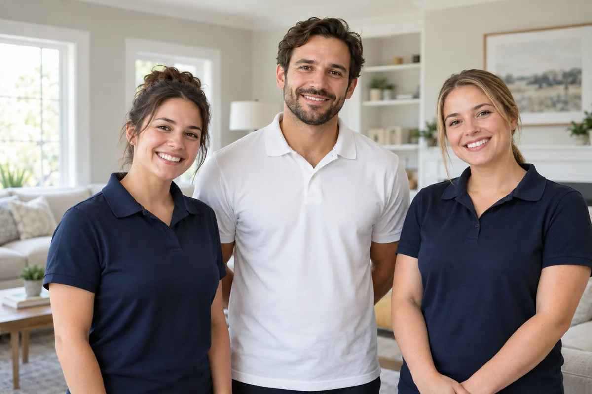 Illustrative portrait of three cleaning colleagues, not BRM staff